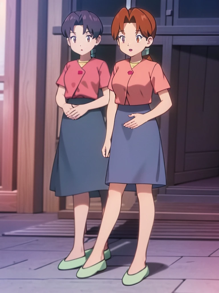 Delia_Ketchum 1girl, full body, looking at viewer, :d, open mouth, (extremely detailed CG unity 8k wallpaper), (masterpiece), (best quality), (ultra-detailed), (best illustration), (best shadow), (absurdres), finely detail, skirt, shirt, blue skirt, long skirt, pink shirt, slippers,