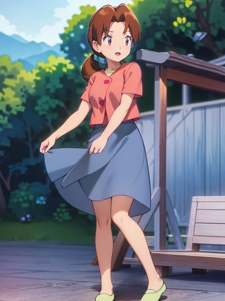 Delia_Ketchum 1girl, full body, looking at viewer, :d, open mouth, (extremely detailed CG unity 8k wallpaper), (masterpiece), (best quality), (ultra-detailed), (best illustration), (best shadow), (absurdres), finely detail, skirt, shirt, blue skirt, long skirt, pink shirt, slippers,