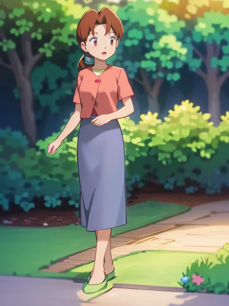 Delia_Ketchum 1girl, full body, looking at viewer, :d, open mouth, (extremely detailed CG unity 8k wallpaper), (masterpiece), (best quality), (ultra-detailed), (best illustration), (best shadow), (absurdres), finely detail, skirt, shirt, blue skirt, long skirt, pink shirt, slippers,