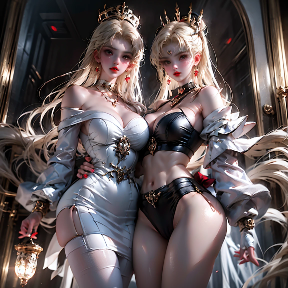 Ultra-clear,Super Resolution,Cute girl,Two girls close contact, 2 girls hugging,Two complete female bodies, Complete two female bodies, Female Love,Sexy, Off-shoulder, window, The rear window is backlit, (Rim Light), Deep understanding, lust, Very shy, ( Reflector lamp), Long legs and chest), Slim waist, Perfect body, Perfect hands, blond hair, purity, Jewelry, necklace, Earrings and Nipple Rings, crown, bookshelf, teapot, Magic Items,Mirror,snake,Tentacles,Cthulhu,Mucus,occultism,Low-light photography, Hip chuck, Glowing skin, Almost no clothes, 只穿Translucent clothing,Almost naked,Lopez, Pretty face, Sexual arousal, Sexual Expression, Hazy Beauty, Camel toe, Anatomically correct, 全身Female Love, Slender legs and waist,Big breasts and thin waist: 2,Sharp focus,The bones are straight,Correct body anatomy,Perfect anatomy,Bigger breasts,Big breasts are beautiful,Big Breasts,Especially huge,Sexual Positions,Translucent clothing,High slit,Sexy bulge,Thin legs,Thin ankles,Dramatic lighting,Vibrant details,Red Eyeshadow,make up,Full lips,Red lips, Super short hair: 2,chiffon,Tight waistband,chiffon手套,see through:2.0,blush,淡粉色Camel toe,Sex slave,Lewd,bursting massive breasts: 2, Sex addict,flush,Less clothing area