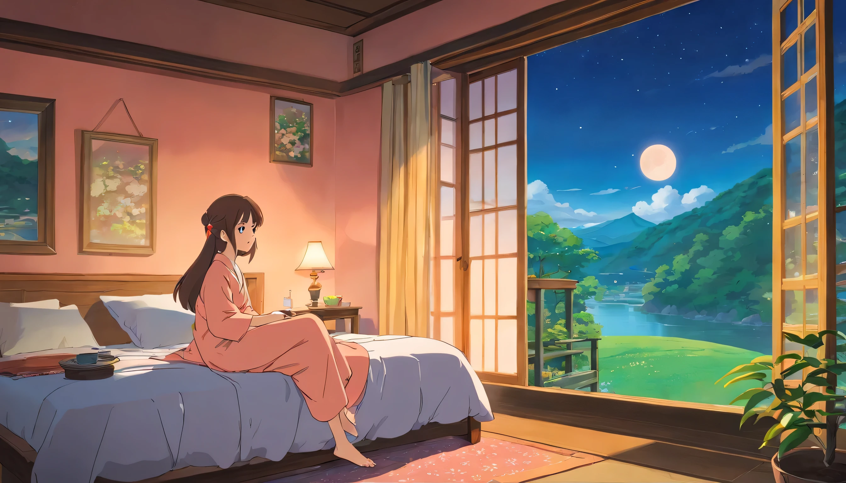 "A girl in a beautiful peach-colored night suit, inspired by South Korean fashion, opens the window of her house in the morning. The weather outside is breathtaking. Lush green trees surround the area, and in the distance, a river flows gently. Birds are soaring gracefully in the clear blue sky, which has a few scattered clouds. The air is crisp and fresh at 6 AM, painting a serene picture reminiscent of the idyllic Japanese countryside."