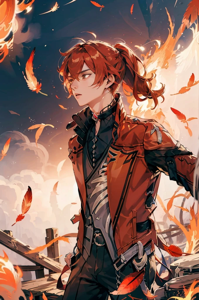 (masterpiece, best quality), 1 male, mature, aged up:1.4, tall muscular guy, broad shoulders, finely detailed eyes and detailed face, extremely detailed CG unity 8k wallpaper, intricate details, Fantasy, red hair, red flowers background,diluc (genshin impact), red eyes, ((red and orange bird feathers made of fire flying around him, lots of fire feathers)), red leather jacket, black collar, high ponytail red hair ((((flying red feathers))))