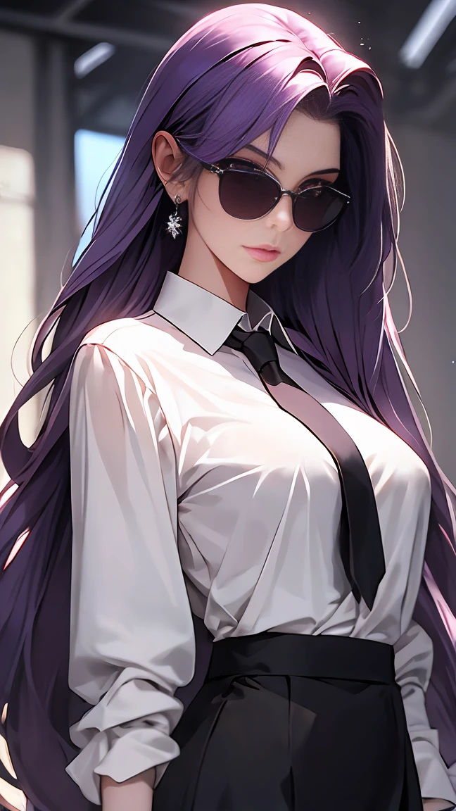 highest quality,masterpiece,High resolution,only,{Black business suit:1.40},{tie:1.20},{sunglasses:1.25},{White gloves:1.15},{ White shirt:1.10}, {Black Skirt:1.15}, good looking, {Medusa_FGO:1.15}, length_hair, purple_hair, very_length_hair, purple_eye, chest, big_chest