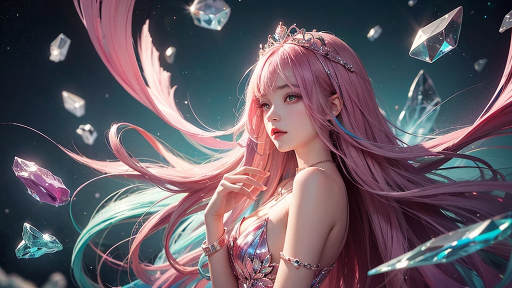 Highest quality,masterpiece,16K,One girl, bangs, Exposing shoulders, chest, Crown, crystallization, dress, From the side, gem,Colorful crystallizations,Crystal Headwear,There are many crystallizations on the clothes,Colorful Gradient Hair,カラフルなdress,Colorful crystals floating,Body crystals,Crystal Necklace,Colorful crystallization decoration,crystalline girl, Gradient Hair, jewelry, Long Hair, compensate, medium chest, Multicolored Hair, Pink Hair, alone, tiara