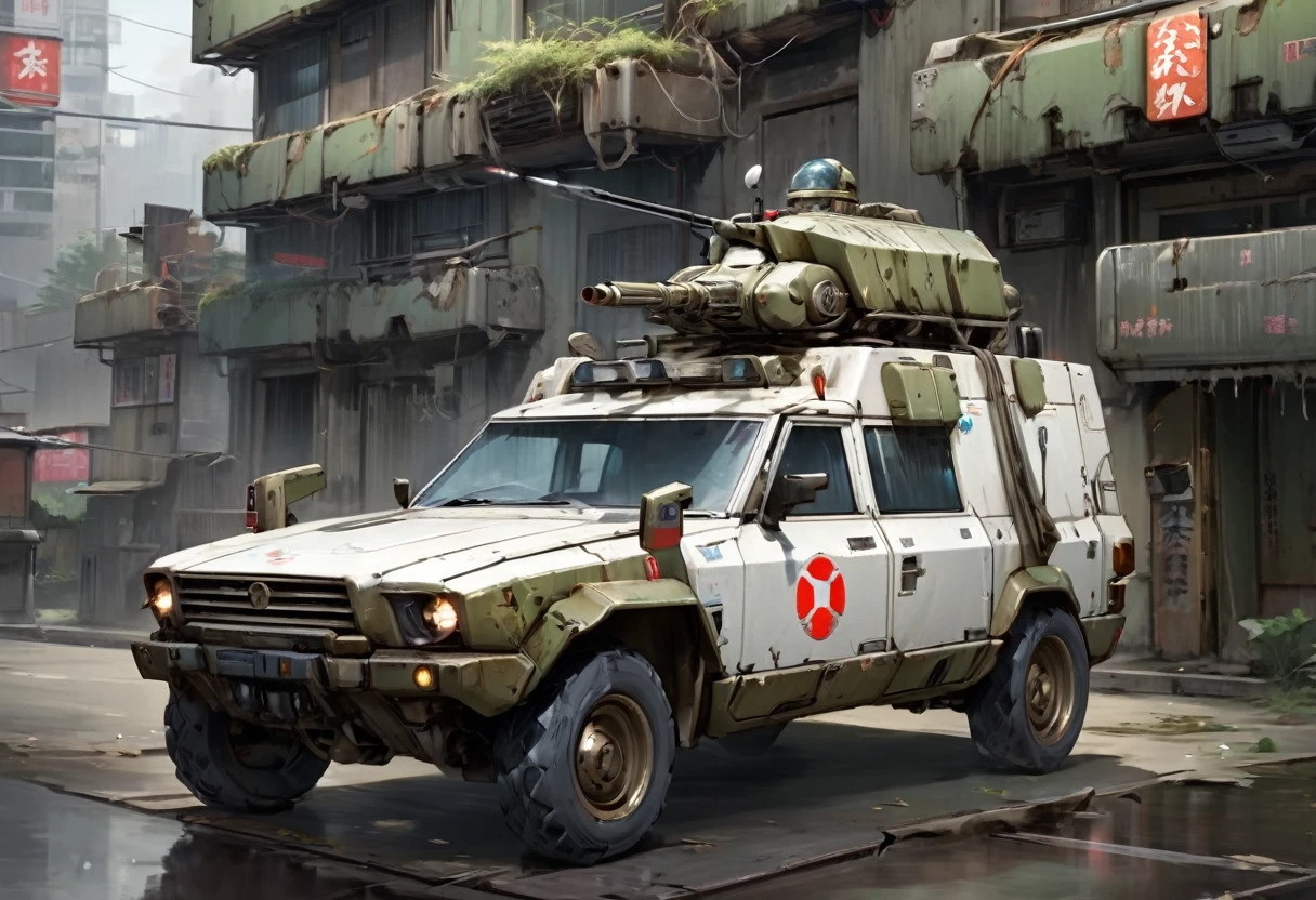 masterpiece, Highest quality,cyber punk、On the street in a dilapidated building district、Modified Japanese ambulance、Long-range gun and small missile container on the roof Two miniguns on the side doors、A dirty, rounded white car body