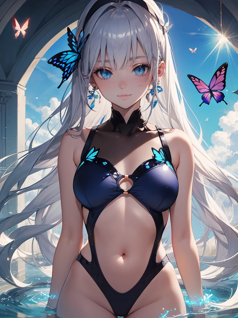 High resolution, masterpiece, accurate, Winner of numerous awards, Highest quality, High-resolution model, Very detailed,
Very long hair, Silver Hair, Shiny Hair, Gradient color hairstyle, bangs,
chest, slender、White skin、Crystal Earrings,
smile, blue eyes, Bright Eyes, Light blush,
Character portrait,
Butterfly Hair Accessory Swimsuit、Bikini Illustration, Anime Style,