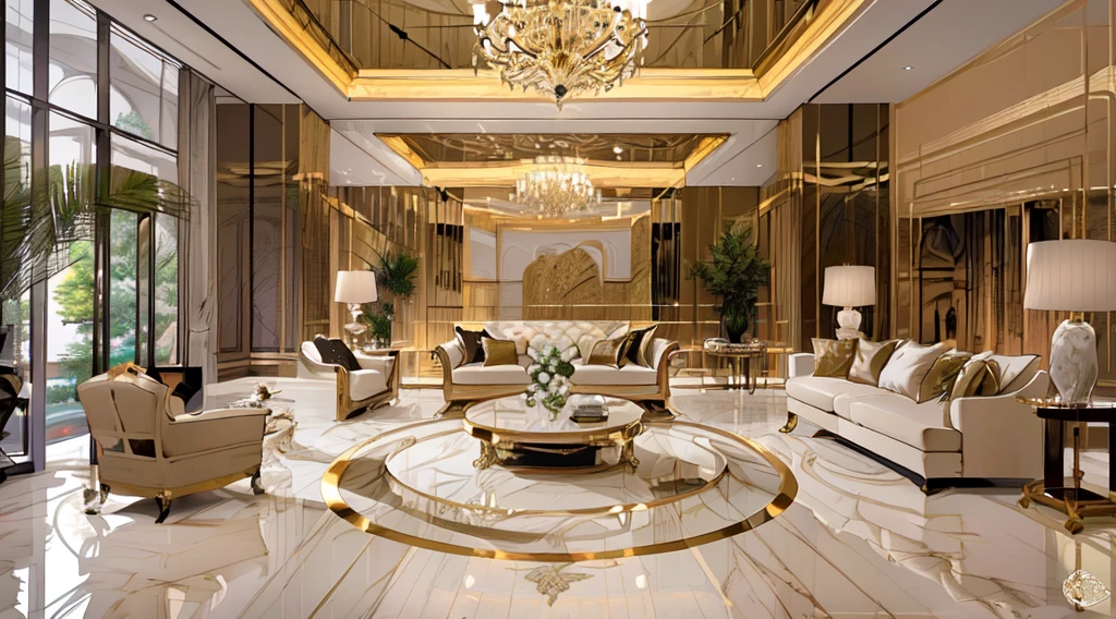 arafed living room with a large marble floor and a chandelier, luxurious environment, gold and luxury materials, elegant and refined, luxury condo interior, award winning interior design, popular interior design style, luxurious indoor setting, luxury and elite, magnificent design, luxurious, most respected design, elegant and graceful, inside a grand, interior photography, elegant highly detailed
