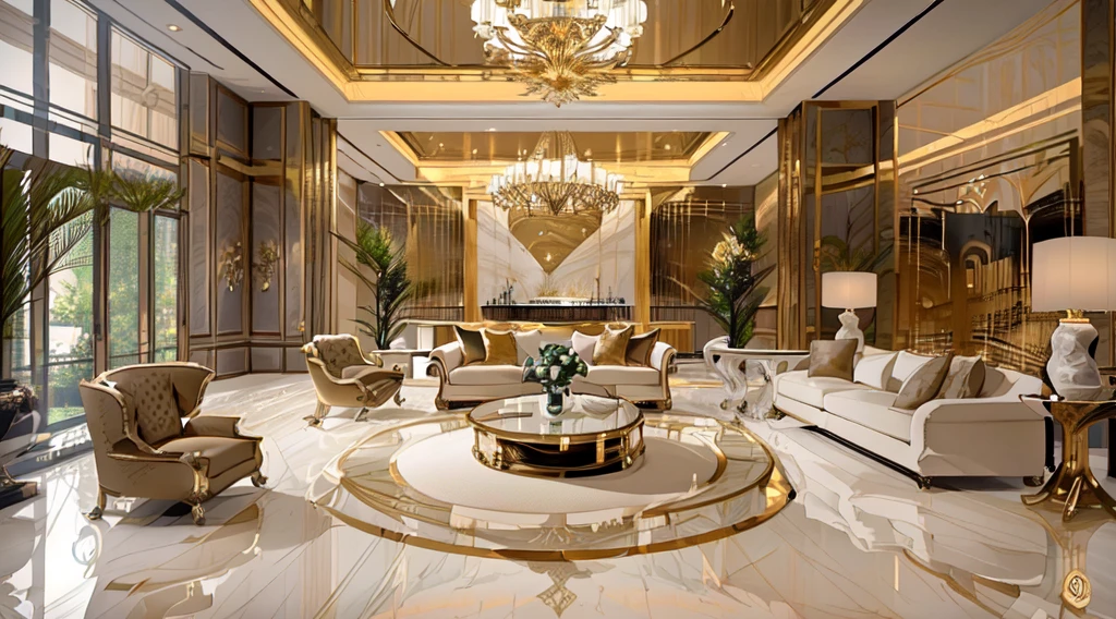 arafed living room with a large marble floor and a chandelier, luxurious environment, gold and luxury materials, elegant and refined, luxury condo interior, award winning interior design, popular interior design style, luxurious indoor setting, luxury and elite, magnificent design, luxurious, most respected design, elegant and graceful, inside a grand, interior photography, elegant highly detailed