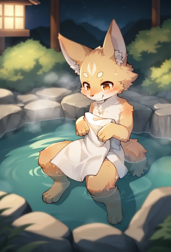 hot spring, vapor, Cinematic, Depth of written boundary, Mysterious and romantic atmosphere, Caustic Surfaces, Absurd, Perfect Anatomy(Very cute girl, 子どものFurry,kemono, Water Play)Natural appearance at birth, towel, Volumetric lighting, Hairy body, smile, relax, Dramatic composition,Furry,kemono,Naked,Completely naked,Naked,
