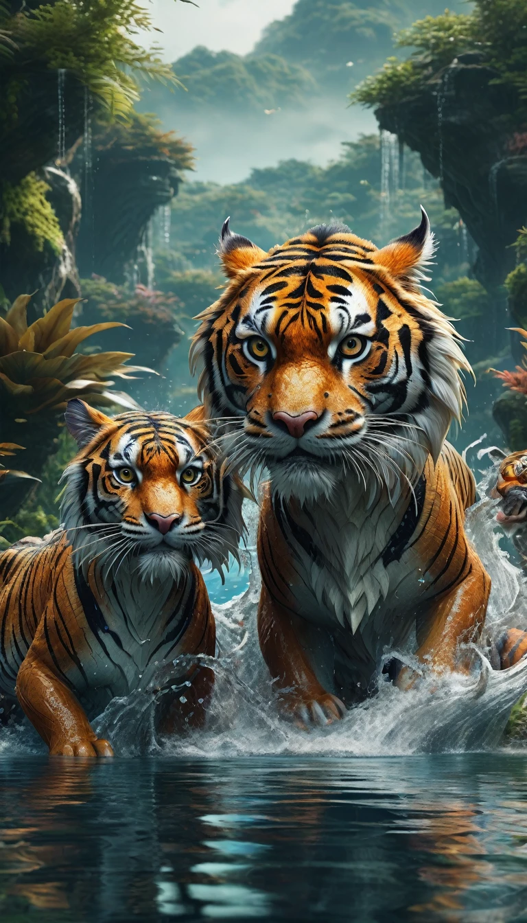 Panorama,Dragon and tiger combination creature in water(best quality,4K,8k,High level,masterpiece:1.2),Ultra Detailed,(lifelike,Photo real,Photo real:1.37),Highly detailed animals,Complex patterns,Realistic lighting,Fantasy Creatures
