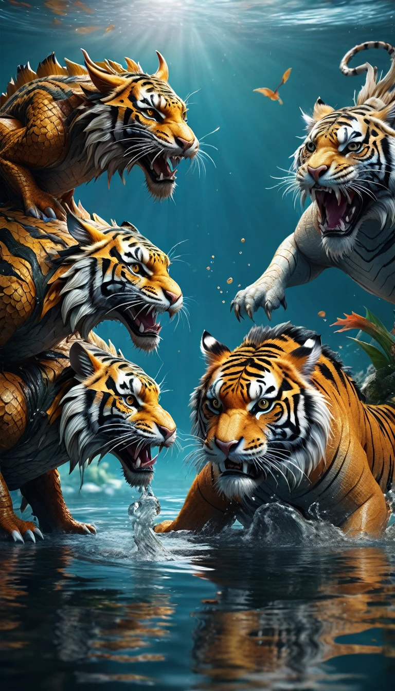 Panorama,Dragon and tiger combination creature in water(best quality,4K,8k,High level,masterpiece:1.2),Ultra Detailed,(lifelike,Photo real,Photo real:1.37),Highly detailed animals,Complex patterns,Realistic lighting,Fantasy Creatures