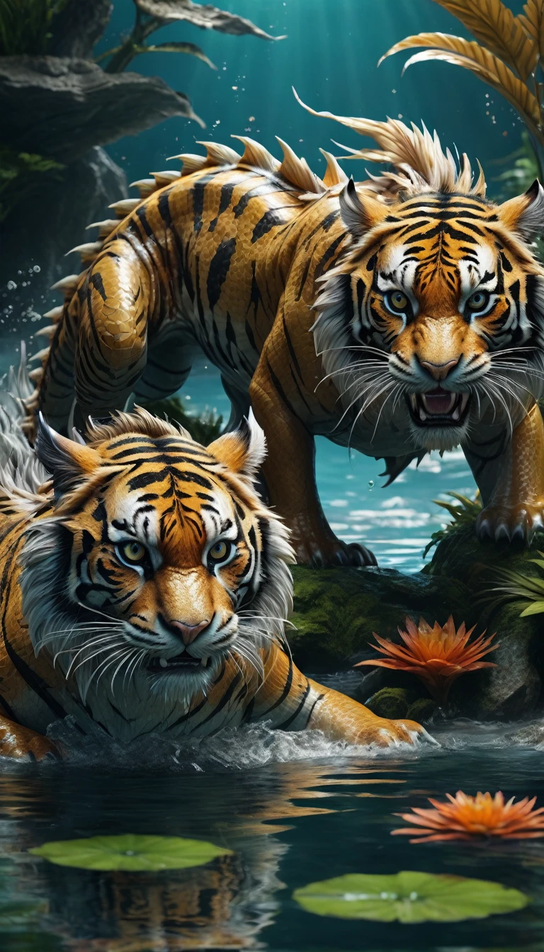 Panorama,Dragon and tiger combination creature in water(best quality,4K,8k,High level,masterpiece:1.2),Ultra Detailed,(lifelike,Photo real,Photo real:1.37),Highly detailed animals,Complex patterns,Realistic lighting,Fantasy Creatures