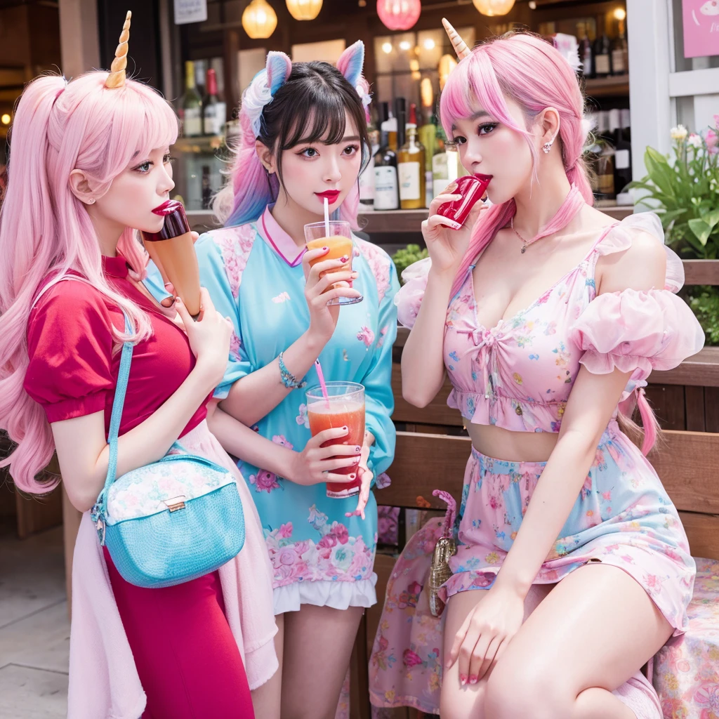 Comical unicorn、pastel colour、Transvestite、Drinking alcohol、Red lipstick horse