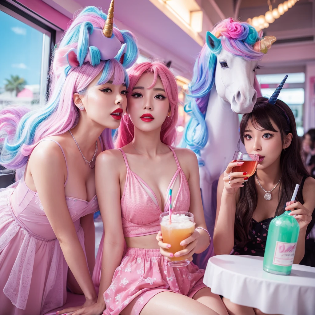 Comical unicorn、pastel colour、Transvestite、Drinking alcohol、Red lipstick horse