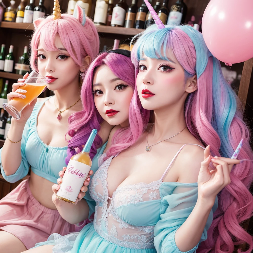 Comical unicorn、pastel colour、Transvestite、Drinking alcohol、Red lipstick horse