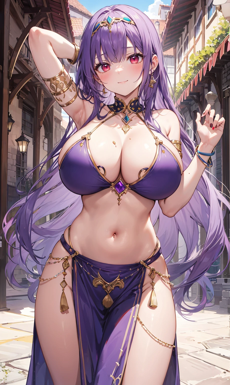 high quality, ultra detailed, best quality, insanely detailed, beautiful, masterpiece, 1girl, medieval plaza, cowboy shot, red eyes, long hair, purple hair, belly dancer, circlet, earrings, armlets, bracelets, bashful smile, large breasts, cleavage, soft stomach