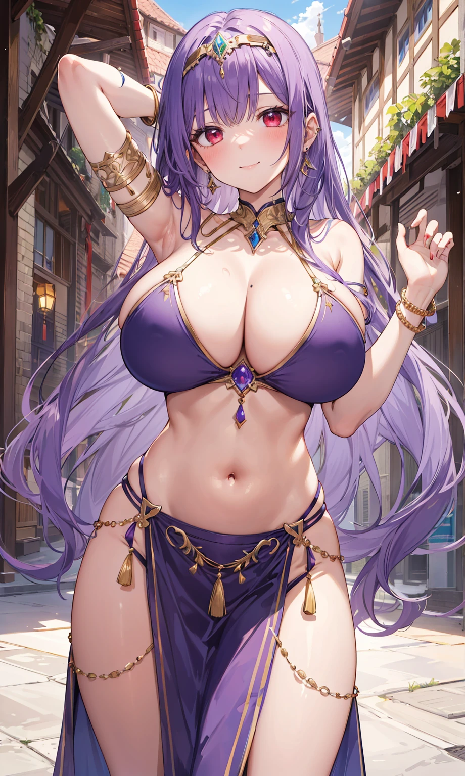 high quality, ultra detailed, best quality, insanely detailed, beautiful, masterpiece, 1girl, medieval plaza, cowboy shot, red eyes, long hair, purple hair, belly dancer, circlet, earrings, armlets, bracelets, bashful smile, large breasts, cleavage, soft stomach