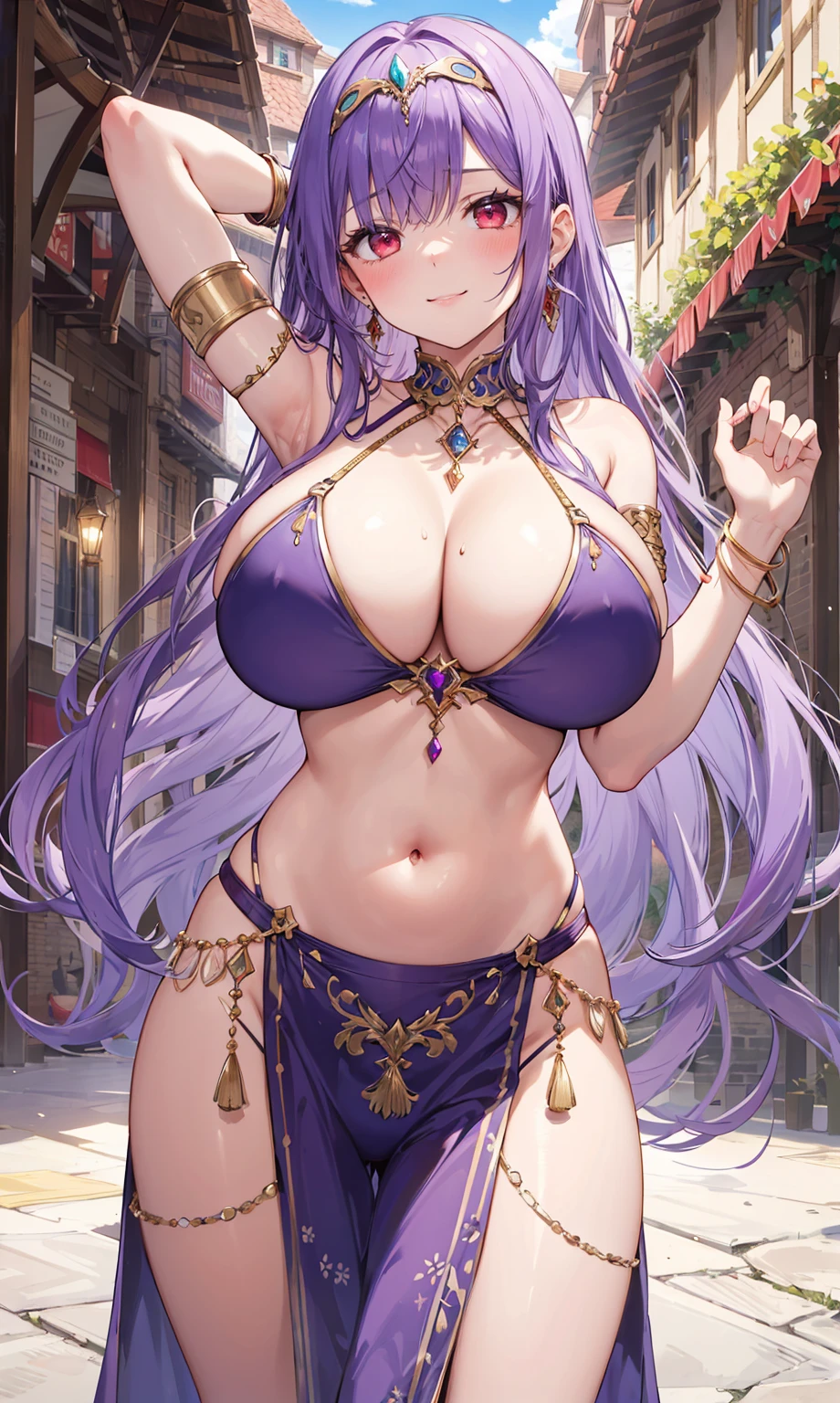 high quality, ultra detailed, best quality, insanely detailed, beautiful, masterpiece, 1girl, medieval plaza, cowboy shot, red eyes, long hair, purple hair, belly dancer, circlet, earrings, armlets, bracelets, bashful smile, large breasts, cleavage, soft stomach