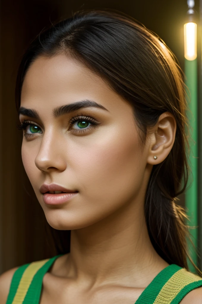 latin girl with thin nose with full lips with light green eyes