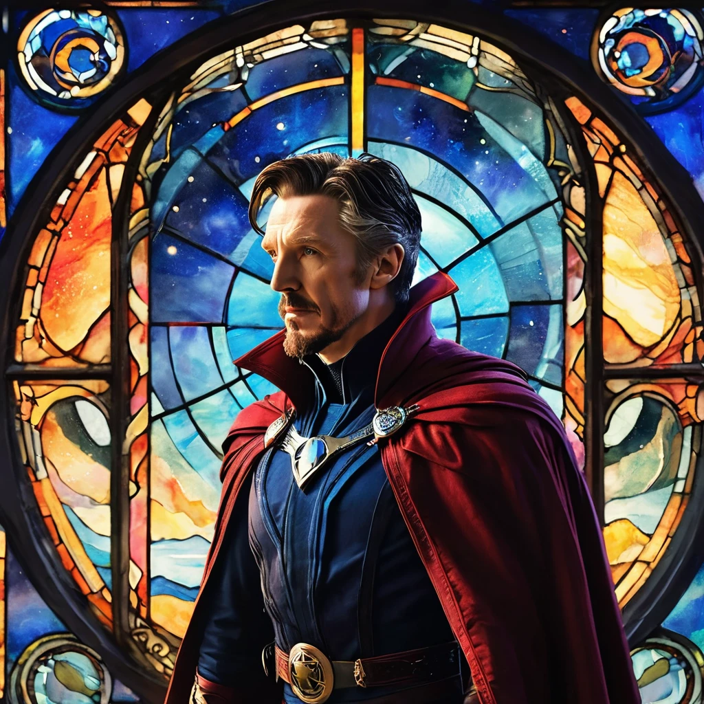 Marvel, ((((Doctor Strange from Marvel)))), A man with fair skin, jet-black hair with gray streaks at the sides, and a goatee. He is wearing a long red cloak with a high standing collar and a dark suit with blue trim. The man is standing in profile, holding a dreamcatcher with both hands in front of him. Behind him is a stained glass window in the shape of a bird silhouette. The window's cells show different worlds like sunsets, space, the ocean, and other landscapes, but maintain the color palette of the pattern.", The overall style of the artwork is reminiscent of fantasy or supernatural genres, realistically, dynamic lights, old, gray stubble, full shoot, (extremely detailed CG unity 8k wallpaper), trending on ArtStation, trending on CGSociety, High Detail, Sharp focus, dramatic, photorealistic