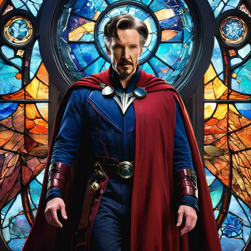 Marvel, ((((Doctor Strange from Marvel)))), A man with fair skin, jet-black hair with gray streaks at the sides, and a goatee. He is wearing a long red cloak with a high standing collar and a dark suit with blue trim. The man is standing in profile, holding a dreamcatcher with both hands in front of him. Behind him is a stained glass window in the shape of a bird silhouette. The window's cells show different worlds like sunsets, space, the ocean, and other landscapes, but maintain the color palette of the pattern.", The overall style of the artwork is reminiscent of fantasy or supernatural genres, realistically, dynamic lights, old, gray stubble, full shoot, (extremely detailed CG unity 8k wallpaper), trending on ArtStation, trending on CGSociety, High Detail, Sharp focus, dramatic, photorealistic
