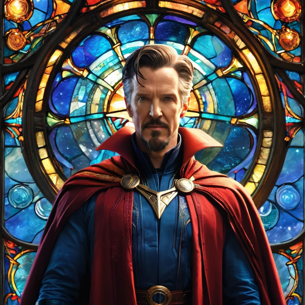 Marvel, ((((Doctor Strange from Marvel)))), A man with fair skin, jet-black hair with gray streaks at the sides, and a goatee. He is wearing a long red cloak with a high standing collar and a dark suit with blue trim. The man is standing in profile, holding a dreamcatcher with both hands in front of him. Behind him is a stained glass window in the shape of a bird silhouette. The window's cells show different worlds like sunsets, space, the ocean, and other landscapes, but maintain the color palette of the pattern.", The overall style of the artwork is reminiscent of fantasy or supernatural genres, realistically, dynamic lights, old, gray stubble, full shoot, (extremely detailed CG unity 8k wallpaper), trending on ArtStation, trending on CGSociety, High Detail, Sharp focus, dramatic, photorealistic