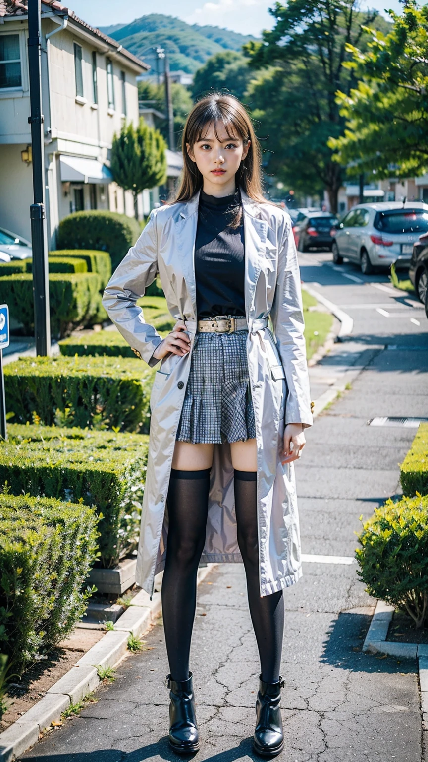 (8k、RAW Photos、Highest quality、masterpiece:1.2)、(Realistic、Realistic)、1 girl、((mini skirt、Blonde、pink long coat、、黒one piece、Thin legs、whole body、boots、one piece、tights、garden、View from the front、Looking into the camera、belt、Stand with hands on hips))、cute