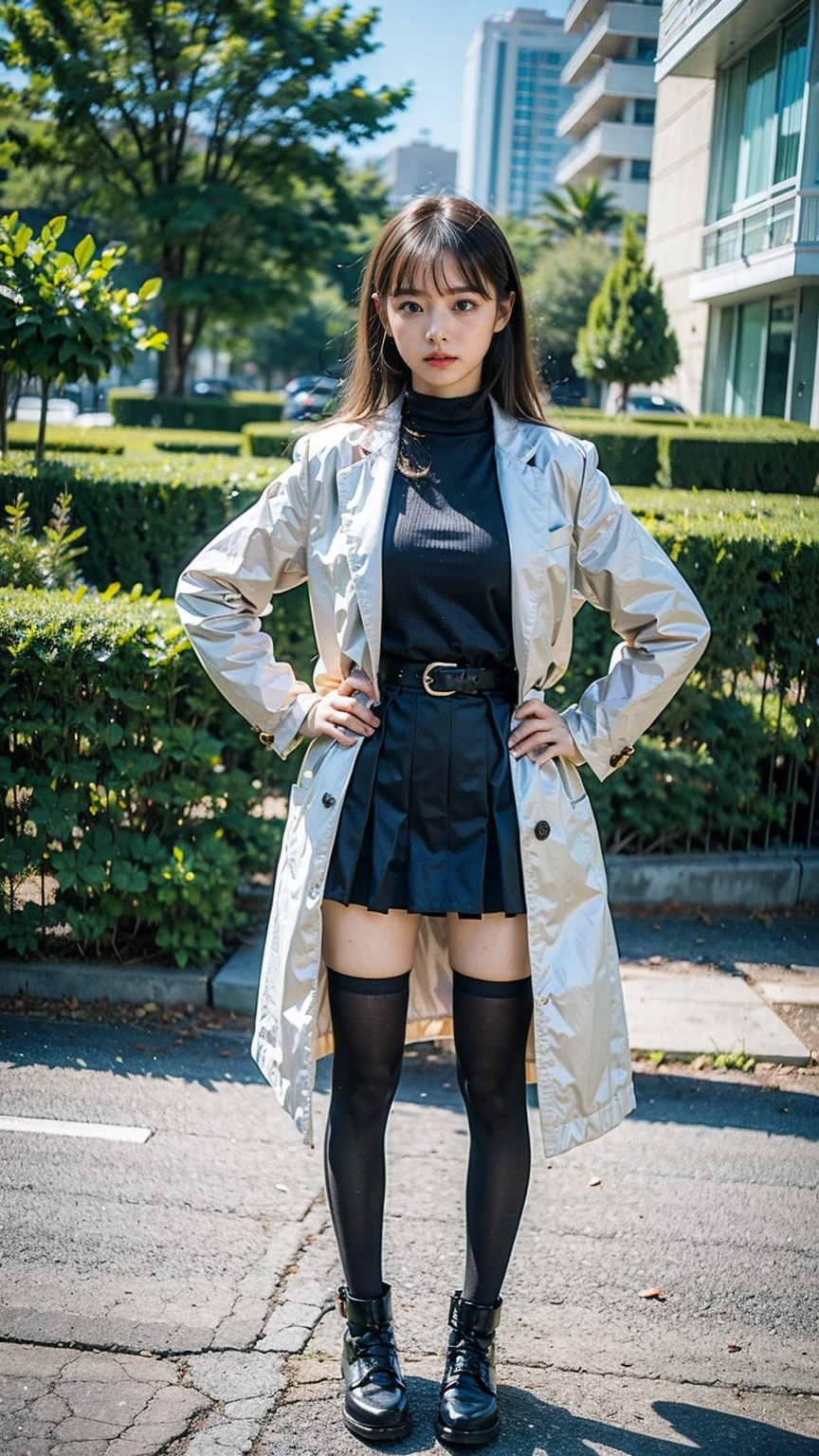 (8k、RAW Photos、Highest quality、masterpiece:1.2)、(Realistic、Realistic)、1 girl、((mini skirt、Blonde、pink long coat、、黒one piece、Thin legs、whole body、boots、one piece、tights、garden、View from the front、Looking into the camera、belt、Stand with hands on hips))、cute