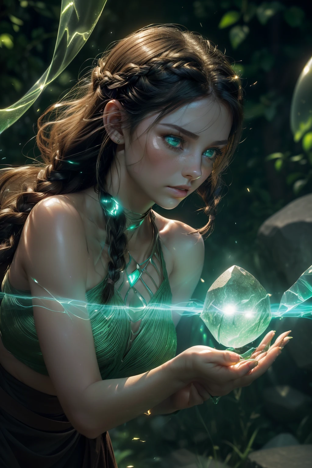 (((the green energy human body, front facing, full body, 1girl, 18 year old, caucasian, green eyes, perfect eyes, perfect iris, perfect pupils, perfect lips,perfect nose, perfect hands, very detailed hands, perfect fingers, black hair, short hair, straight hair, small braid in her hair, nature, subsurface scattering, transparent, translucent skin, glow, bloom,3d style, warm color, vibrant, volumetric light, like a magical force the stones all fly around, the stones are suspended in the air,)))