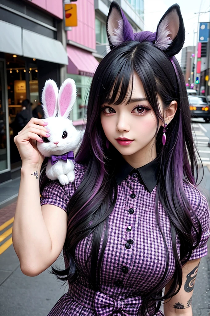 Black hair with purple and pink highlights, purple and black clothes, high shoes, pink eyes, white, with tattoos on the arm, hand with five fingers, bow on the rabbit head, sexy and cute clothes, big breasts, big,big hair, detailed, better resolution, details