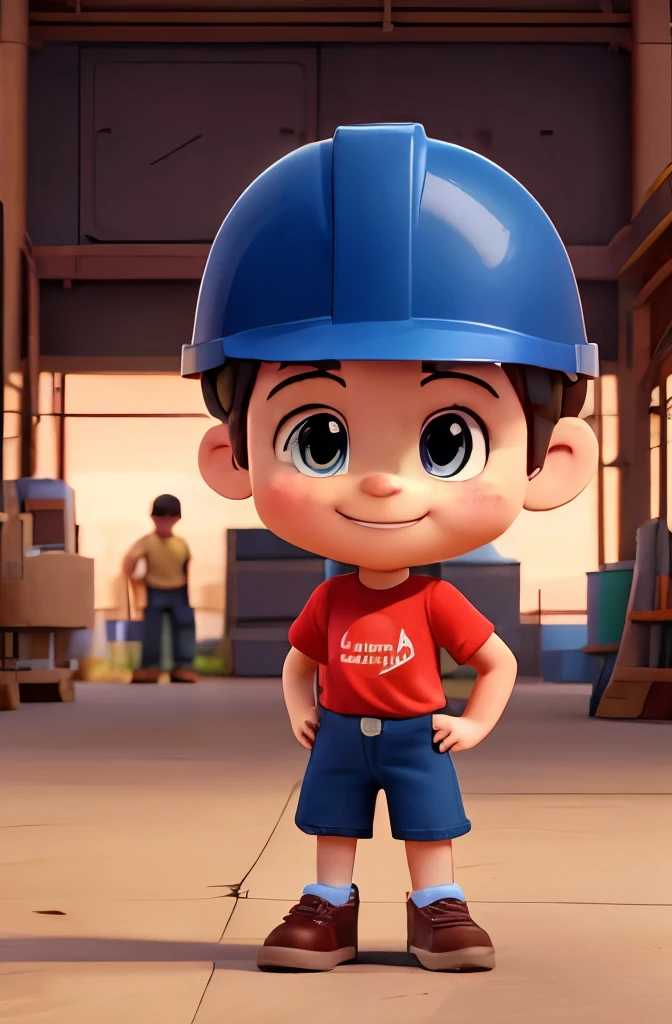 a cute little WAREHOUSE worker , 45 years, big head, short hair, Oval face，SMILE，fit, high, with a red work helmet ，He wears a dark blue t-shirt, dark blue jeans and black shoes.，toy figures, Best Quality, 3d cartoon，full body view, Fancy, dreamlike, surrealism, Lovely, trend on Artstation