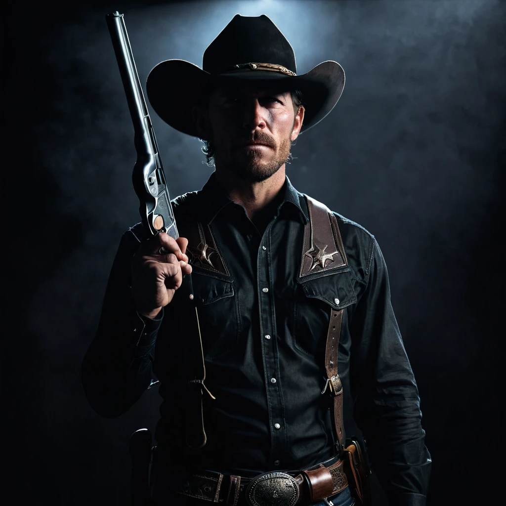 A badass cowboy in dark clothing, holding a shotgun close with both hands to his chest pointing upwards, dark shadowy background, cinematic lighting