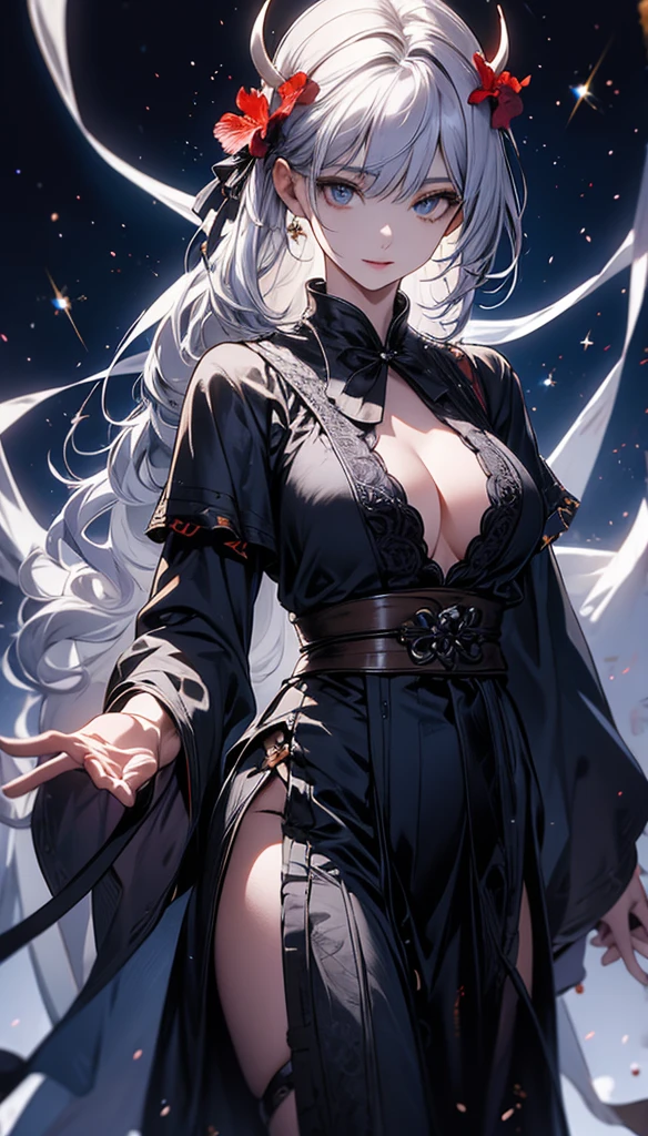 masterpiece, high quality, 4K, Beautiful design, silhouette,Silver Hair, 非常に詳細な夜のStarry Sky,Hibiscus flower, wonderful, Finer details, Very knowledgeable woman,Devil Highly detailed solo, 1 female,Big Breasts,camisole,mini skirt,garter belt,Night view,Starry Sky,full moon,