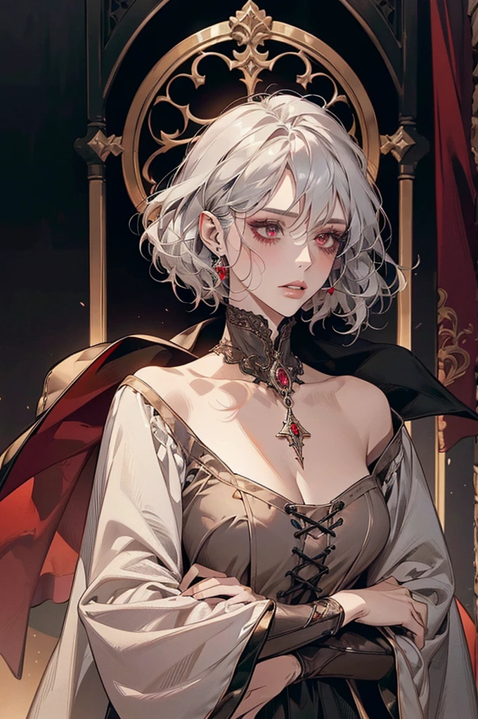 femme de 50 ans, Middle-aged European, ((trentenaire)), solo, medieval tavern, [ghotic] full lips, androgyne, [[Short hair]], (visage de forme ovale), (Heavenly Nose), wears a cape, peau claire et chaude, [[intense red eyes]], doe eyes, eyeshadow, short hair, very silver hair, very light, wavy hair, elfe ears, Long cils, ((black medieval clothes)), sexy red dress, Glow, ghotic, elegant, tendance sur artstation, makeup, lipstick, inkshadow, (((Masterpiece artwork))), ((best quality)), ((complex detailed)), ((semi-realistic)), (se concentrer uniquement), (visage parfait:1.1), (high detail:1.1), dark