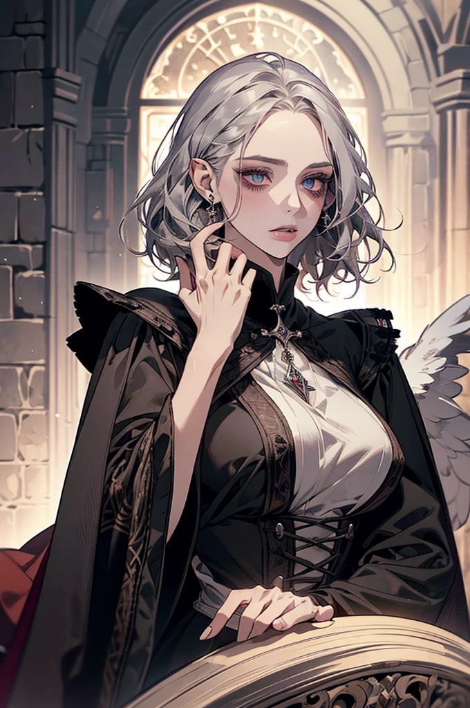 femme de 50 ans, Middle-aged European, ((trentenaire)), solo, medieval tavern, [ghotic] full lips, androgyne, [[Short hair]], (visage de forme ovale), (Heavenly Nose), wears a cape, peau claire et chaude, [[intense red eyes]], doe eyes, eyeshadow, short hair, very silver hair, very light, wavy hair, elfe ears, Long cils, ((black medieval clothes)), sexy red dress, Glow, ghotic, elegant, tendance sur artstation, makeup, lipstick, inkshadow, (((Masterpiece artwork))), ((best quality)), ((complex detailed)), ((semi-realistic)), (se concentrer uniquement), (visage parfait:1.1), (high detail:1.1), dark