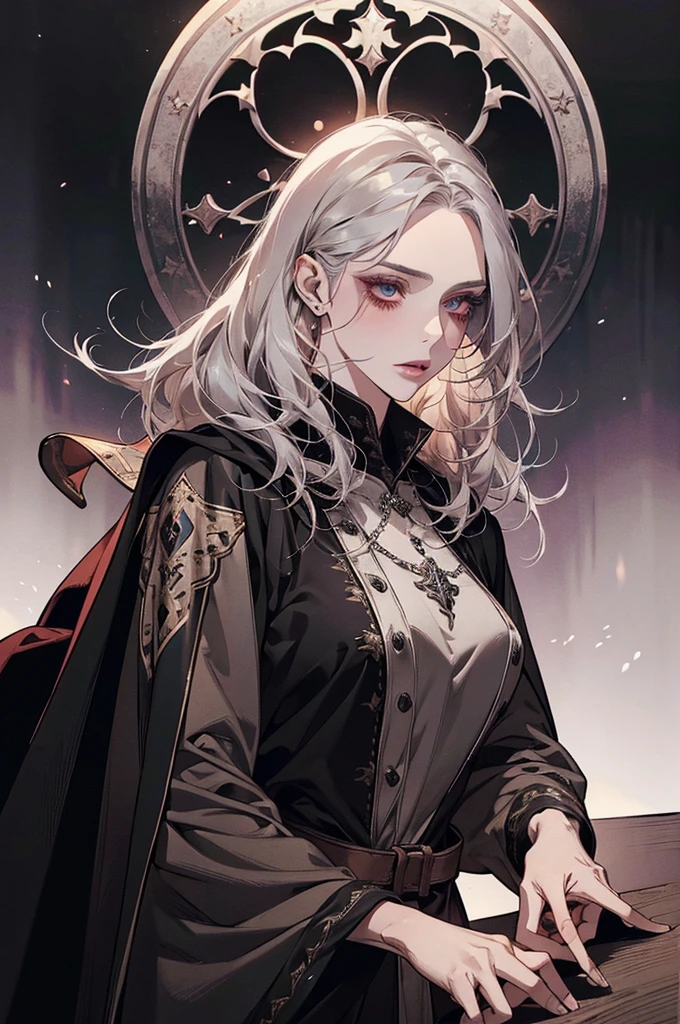 femme de 50 ans, Middle-aged European, ((trentenaire)), solo, medieval tavern, [ghotic] full lips, androgyne, [[Short hair]], (visage de forme ovale), (Heavenly Nose), wears a cape, peau claire et chaude, [[intense red eyes]], doe eyes, eyeshadow, short hair, very silver hair, very light, wavy hair, elfe ears, Long cils, ((black medieval clothes)), sexy red dress, Glow, ghotic, elegant, tendance sur artstation, makeup, lipstick, inkshadow, (((Masterpiece artwork))), ((best quality)), ((complex detailed)), ((semi-realistic)), (se concentrer uniquement), (visage parfait:1.1), (high detail:1.1), dark