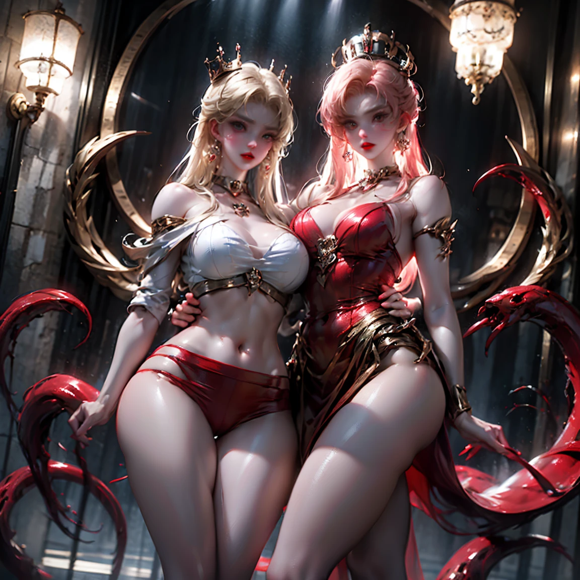 Ultra-clear,Super Resolution,Cute girl,Two girls close contact, 2 girls hugging,Two complete female bodies, Complete two female bodies, Female Love,Sexy, Off-shoulder, window, The rear window is backlit, (Rim Light), Deep understanding, lust, Very shy, ( Reflector lamp), Long legs and chest), Slim waist, Perfect body, Perfect hands, blond hair, purity, Jewelry, necklace, Earrings and Nipple Rings, crown, bookshelf, teapot, Magic Items,Mirror,snake,Tentacles,Cthulhu,Mucus,occultism,Low-light photography, Hip chuck, Glowing skin, Almost no clothes, 只穿Translucent clothing,Almost naked,Lopez, Pretty face, Sexual arousal, Sexual Expression, Hazy Beauty, Camel toe, Anatomically correct, 全身Female Love, Slender legs and waist,Big breasts and thin waist: 2,Sharp focus,The bones are straight,Correct ????????????,Perfect ???????,Bigger breasts,Big breasts are beautiful,Big Breasts,Especially huge,Sexual Positions,Translucent clothing,High slit,Sexy bulge,Thin legs,Thin ankles,Dramatic lighting,Vibrant details,Red Eyeshadow,make up,Full lips,Red lips, Super short hair,chiffon,Tight waistband,Performance,chiffon手套,see through:2.0,blush,淡粉色Camel toe,Sex slave,Lewd,bursting breasts, Sex addict,flush,Less clothing area