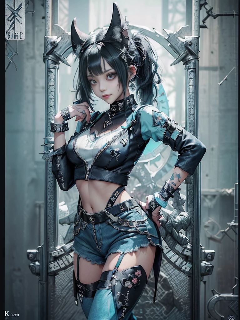(Full body view:1.4)、(Full Body View:1.4)、(Side view:1.1)、(Smiling with teeth showing:1.3),(Shibuya Gal:1.5)、(Maid café clerk:1.5)、(Punk RockVisual Kei:1.4)、(Turquoise, navy and denim medieval noble zip up:1.5)、(Navy and white arm covers and bugle pants:1.5)、(Blue high heels:1.3)、(Wearing silver accessories:1.5)、(Dark brown collar:1.4)、(Leather garter belt:1.4)、(Brown Skin Belt:1.3)、(Black lace underwear:1.5)、20-year-old、NSFW、((Highest quality、In 8K、masterpiece:1.3))、Sharp focus:1.2、(Layered Cut、Huge boobs:1.1),Beautiful woman with perfect figure:1.4、(Doing an aerobics pose:1.3)、Slender Abs:1.2、Highly detailed face and skin texture、Detailed eyes、double eyelid,(Twin tails:1.3)、(Black Hair:1.3)、Gravure idol、(A fairytale-like cafe with a lush tree background:1.3)、(Slim Body:1.3),(Make your legs thinner:1.4),(Thin, thin thighs:1.3)、(clavicle:1.1)