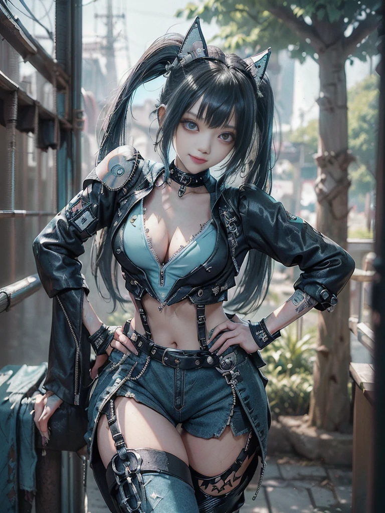 (Full body view:1.4)、(Full Body View:1.4)、(Side view:1.1)、(Smiling with teeth showing:1.3),(Shibuya Gal:1.5)、(Maid café clerk:1.5)、(Punk RockVisual Kei:1.4)、(Turquoise, navy and denim medieval noble zip up:1.5)、(Navy and white arm covers and bugle pants:1.5)、(Blue high heels:1.3)、(Wearing silver accessories:1.5)、(Dark brown collar:1.4)、(Leather garter belt:1.4)、(Brown Skin Belt:1.3)、(Black lace underwear:1.5)、20-year-old、NSFW、((Highest quality、In 8K、masterpiece:1.3))、Sharp focus:1.2、(Layered Cut、Huge boobs:1.1),Beautiful woman with perfect figure:1.4、(Doing an aerobics pose:1.3)、Slender Abs:1.2、Highly detailed face and skin texture、Detailed eyes、double eyelid,(Twin tails:1.3)、(Black Hair:1.3)、Gravure idol、(A fairytale-like cafe with a lush tree background:1.3)、(Slim Body:1.3),(Make your legs thinner:1.4),(Thin, thin thighs:1.3)、（clavicle:1.1）
