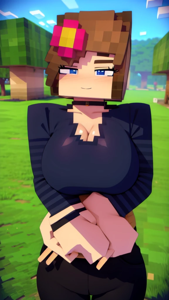 1girl, solo, jenny, hair ornament, smile, simple background, looking at viewer, hands on hips, upper body, square, Blocky style,minecraft animation style, minecraft, minecraft style, (masterpiece), best quality, ultra high res, beautiful detailed hair detailed face, perfect feminine face,wearing casual tshirt and jeans, (gigantic breasts:1.2), (huge cleavage), at grassland, tree