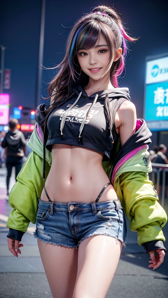 ((masterpiece, best quality, Highest image quality, high resolution, Reality, RAW photos, 8K)), Ultra wide angle, 1 Girl, (Lower Bust:1.4),(Smile:1.5),Colorful underwear,(((Bright colors))),Disheveled long hair:1.35,Complex hairstyle,Beautiful and delicate eyes,(Lower abdomen,Willow Waist,Wide hips,Model physique,Inflatable legs,Detailed body), Cute big breasts,((((Colorful cropped hoodie,)))), (Dynamic poses:1.0),Just focus,Neon lights are particularly eye-catching, at night, starry night, universe, Art Photography,(Photo by sldr),high resolution, Clear focus, (Realistic artwork:1.37),(extremely detaild的 CG unified 8k wallpapers),((Synthwave Background Theme)),complex,It的 a perfect face,Perfect facial details,Realistic face,Live photos,