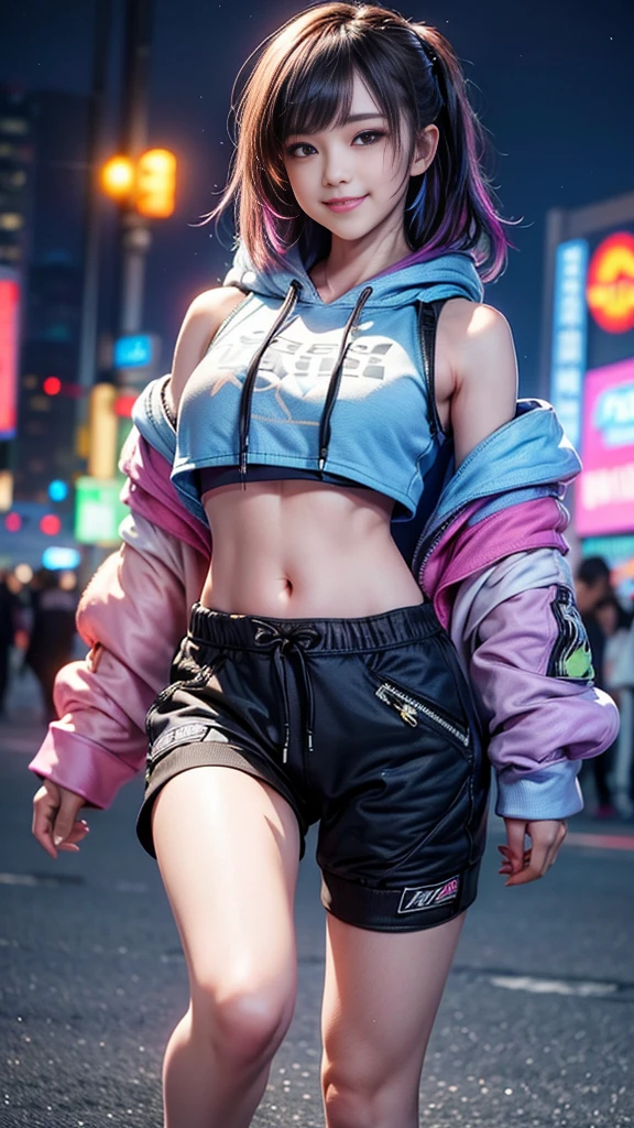 ((masterpiece, best quality, Highest image quality, high resolution, Reality, RAW photos, 8K)), Ultra wide angle, 1 Girl, (Lower Bust:1.4),(Smile:1.5),Colorful underwear,(((Bright colors))),Disheveled long hair:1.35,Complex hairstyle,Beautiful and delicate eyes,(Lower abdomen,Willow Waist,Wide hips,Model physique,Inflatable legs,Detailed body), Cute big breasts,((((Colorful cropped hoodie,)))), (Dynamic poses:1.0),Just focus,Neon lights are particularly eye-catching, at night, starry night, universe, Art Photography,(Photo by sldr),high resolution, Clear focus, (Realistic artwork:1.37),(extremely detaild的 CG unified 8k wallpapers),((Synthwave Background Theme)),complex,It的 a perfect face,Perfect facial details,Realistic face,Live photos,