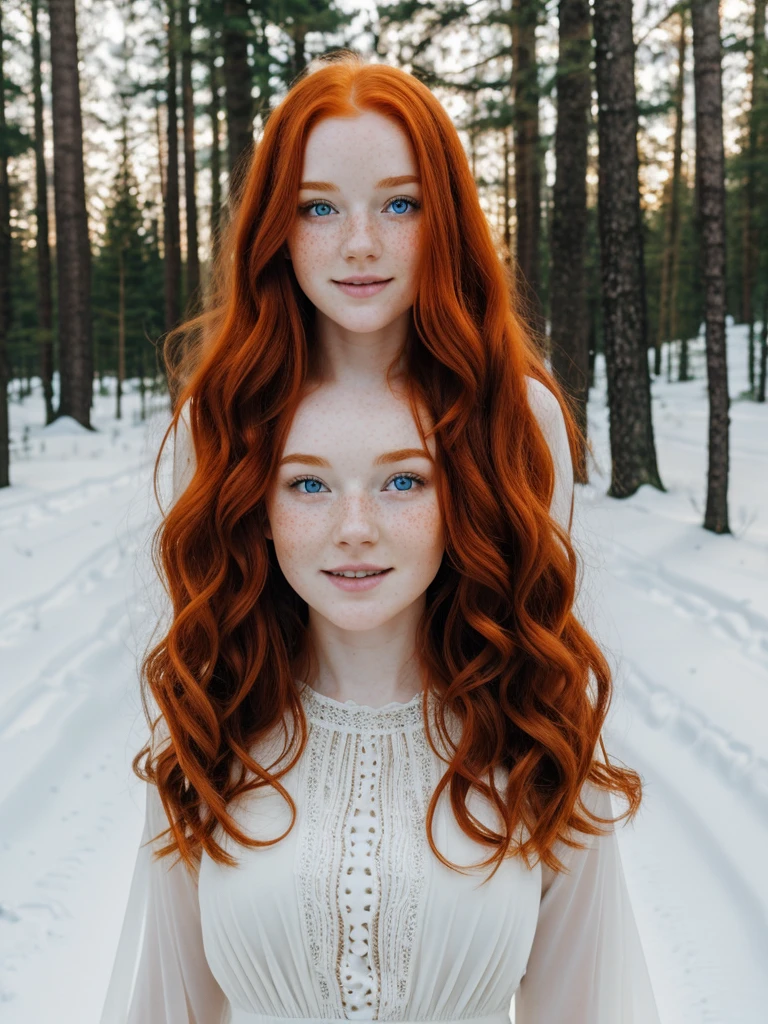 A happy, full body beautiful photo of the most beautiful redhead young woman, natural beauty, no makeup with pale skin, long wavy rich ginger hair, blue eyes, hollow cheeks, freckles on face and body, aesthetic long feminine black dress, in a snowy forest (Ultra details, High Quality)