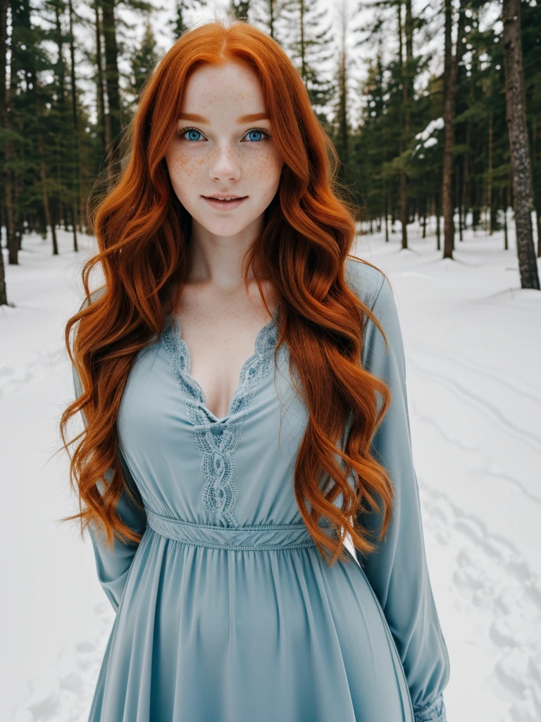 A happy, full body beautiful photo of the most beautiful redhead young woman, natural beauty, no makeup with pale skin, long wavy rich ginger hair, blue eyes, hollow cheeks, freckles on face and body, aesthetic long feminine black dress, in a snowy forest (Ultra details, High Quality)