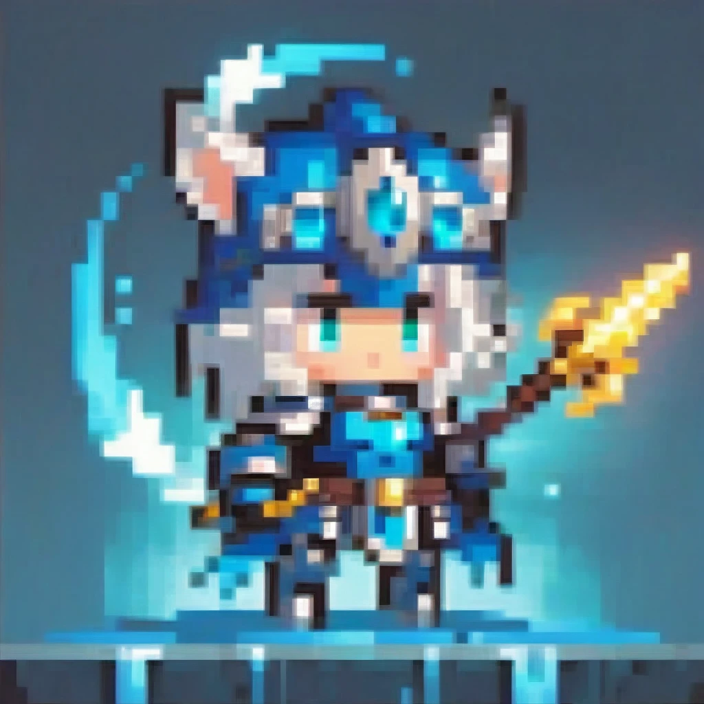  A chibi female character in bright blue and silver knight armor from a fantasy anime, wielding a glowing broadsword. She has lion ears and a mane, glowing emerald eyes, and small curved horns. The broadsword glows with a water elemental effect, and she is in a dynamic battle stance. The artwork features cinematic lighting and moody colors, in a digital art, concept art style.