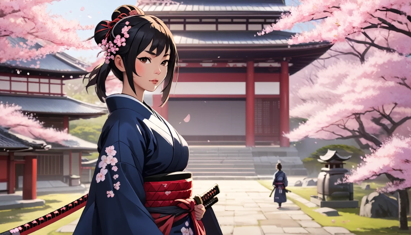Female samurai,Cherry blossoms and Japanese temple