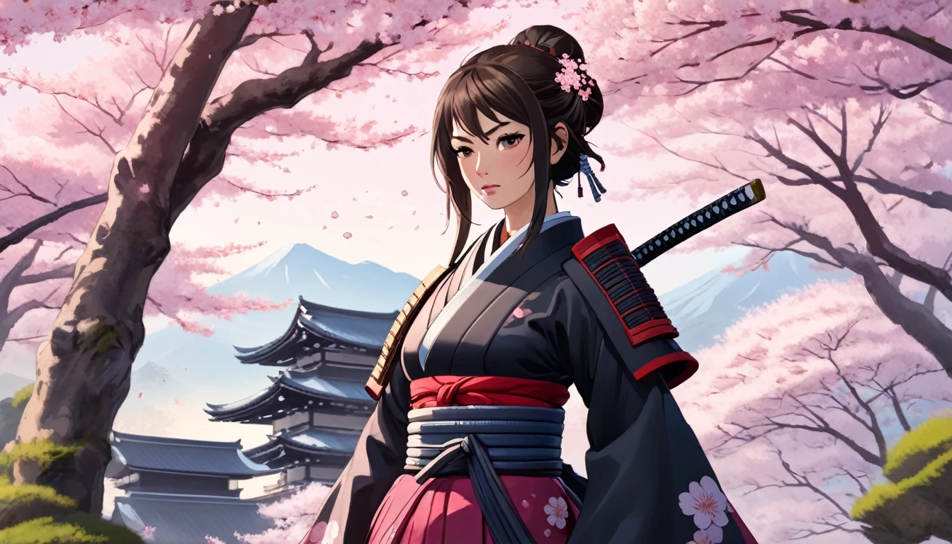 Female samurai,Cherry blossoms and Japanese temple