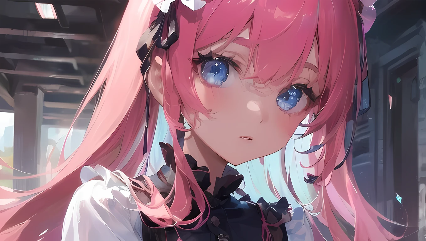 (finely detailed beautiful eyes and detailed face,masterpiece sidelighting,masterpiece,best quality,detailed,high resolution illustration),
(1girl,whole body,bishoujo,lustrous skin,looking down,looking at viewer),
(sky pink hair,blue eyes,short skirt,ribbon,button shirt)