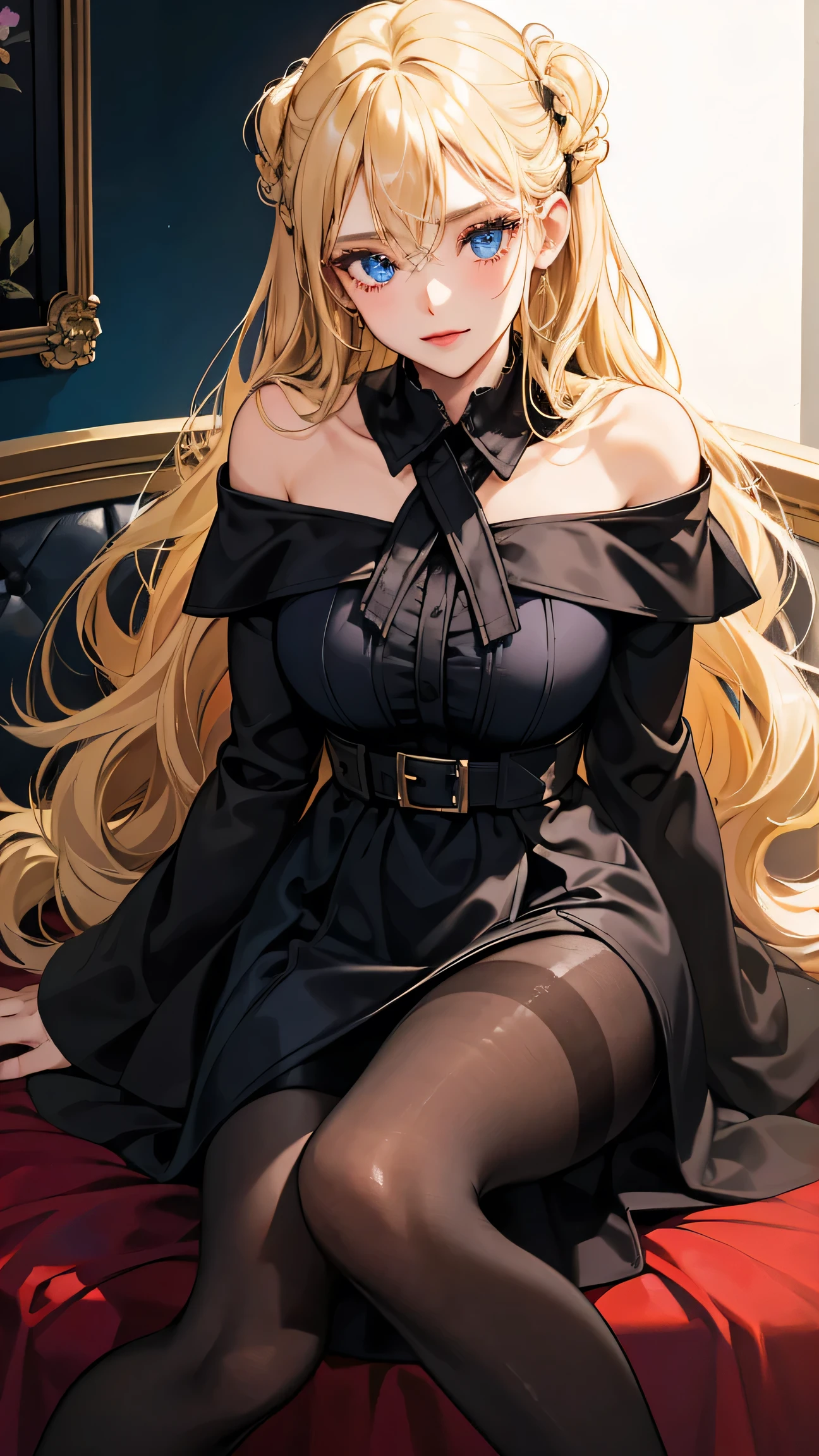 1girl, 30 years old, black caped dress, off-the-shoulder, blonde hair, long hair, blonde, blue eyes, black pantyhose, sexy, seductive, domineering 