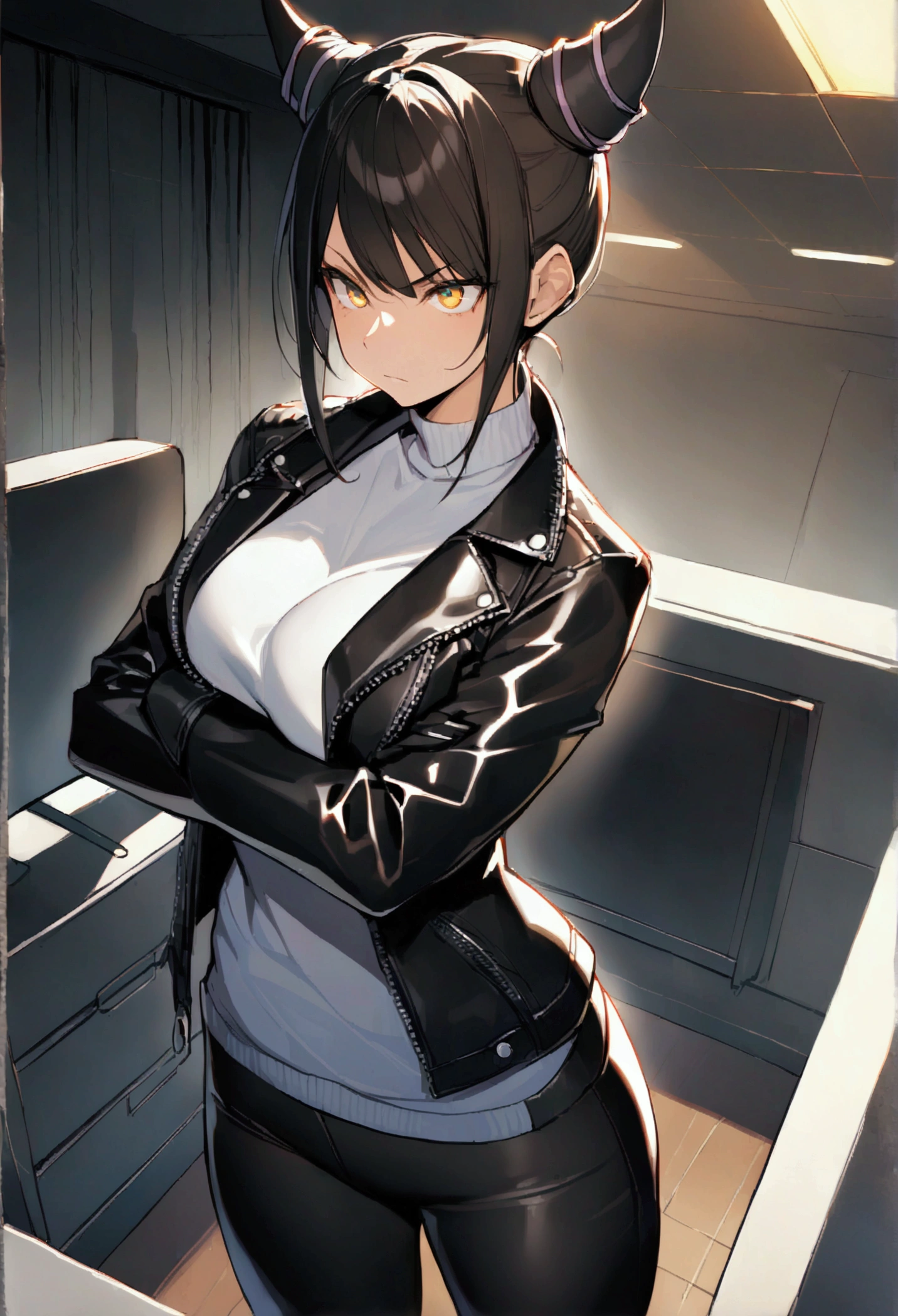 side profile, Juri Han,beautiful young warrior , with a very detailed and beautiful face, gorgeous eyes, gorgeous eyes, gorgeous face, beautiful young woman wearing long black leggings with black details, usando leather jacket preta, standing in an office, wearing black boots, horn hair, with black fringe, , sorriso Malignant ,white sweater with strap around, serious look,usando leather jacket preto, leather jacket,staring overhead,yellow lighting, Malignant,crossed arms,side profile
